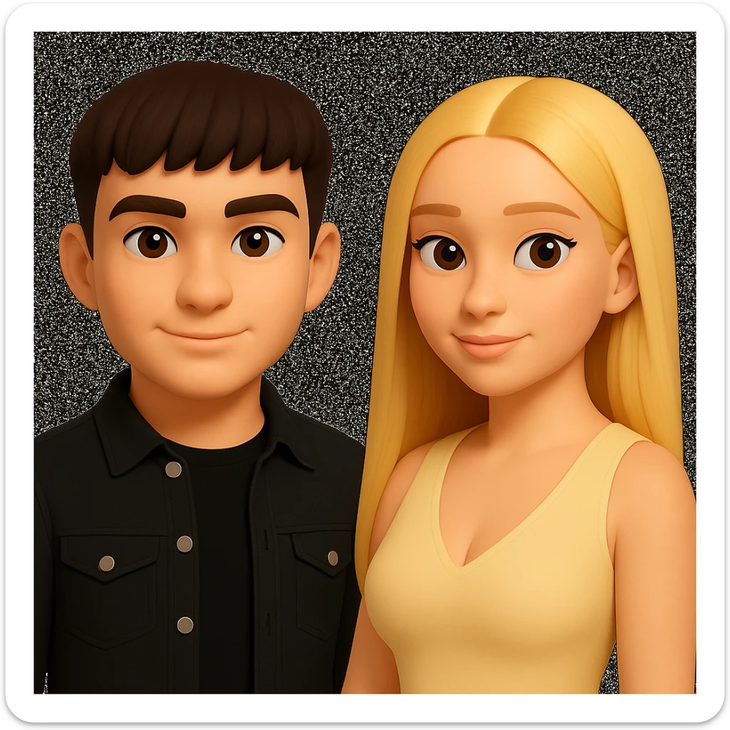 Slightly increase the volume of the upper body of the girl, separate the girl and the boy from each other, and make the skin color the same for both. Maintain the cartoonish 3D style in the edit. sticker