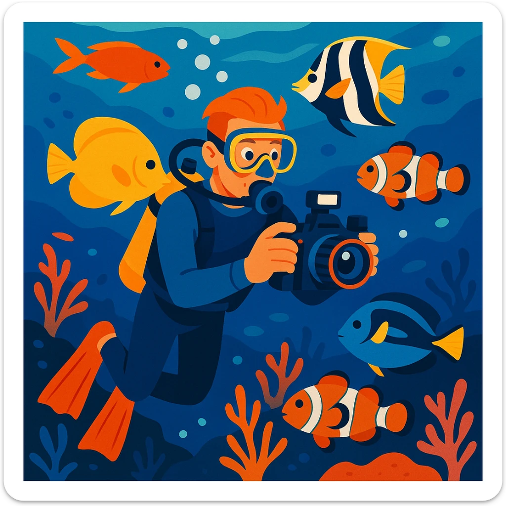 male dive photographer with an underwater camera swimming near colorful fish vibrant semi-realistic illustration style sticker