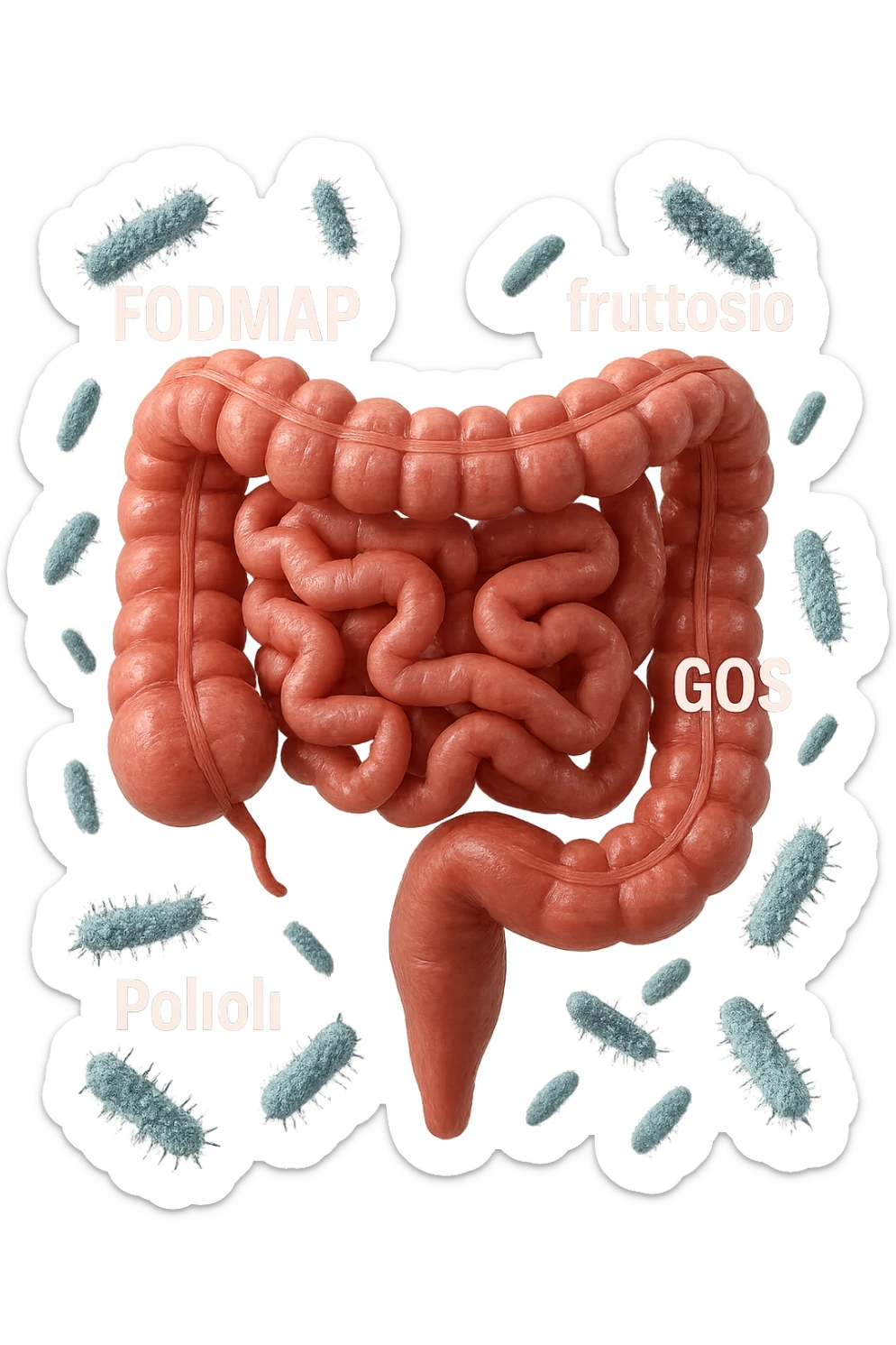 intestino umano anatomico con parole TIPO "FODMAP, fruttosio, lattosio, GOS, Polioli" in italiano CHE GLI FLUTTUANO INTORNO INSIEME A BATTERI INTESTINALI, iperrealistica 4k sticker