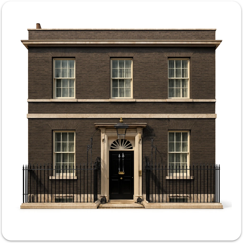 cinematic, realistic emoji of the entire 10 Downing Street building in London, showing the full Georgian brick facade, iconic black door with the number '10', white trim, fanlight window above the door, lifelike detail, accurate colors, bright lighting, zoomed out for a wider angle view, isolated against a white background sticker