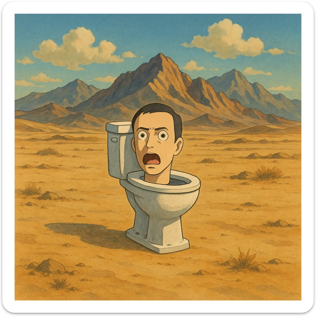 skibidi toilet in a desert landscape with Afghan mountains, ghibli style sticker