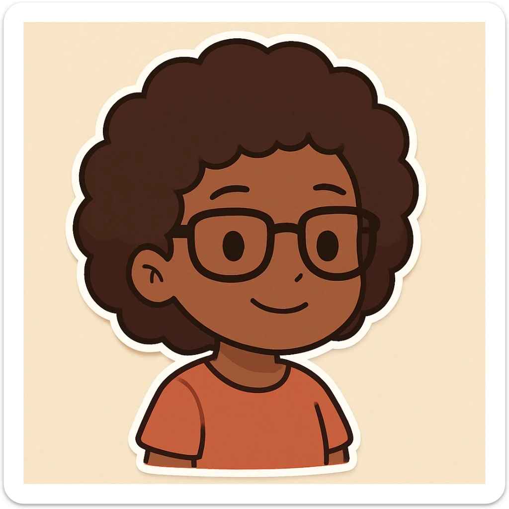 Transform the character into a girl with afro hair, dark skin, brown hair, and glasses, maintaining the friendly cartoon style of chibi stickers. sticker