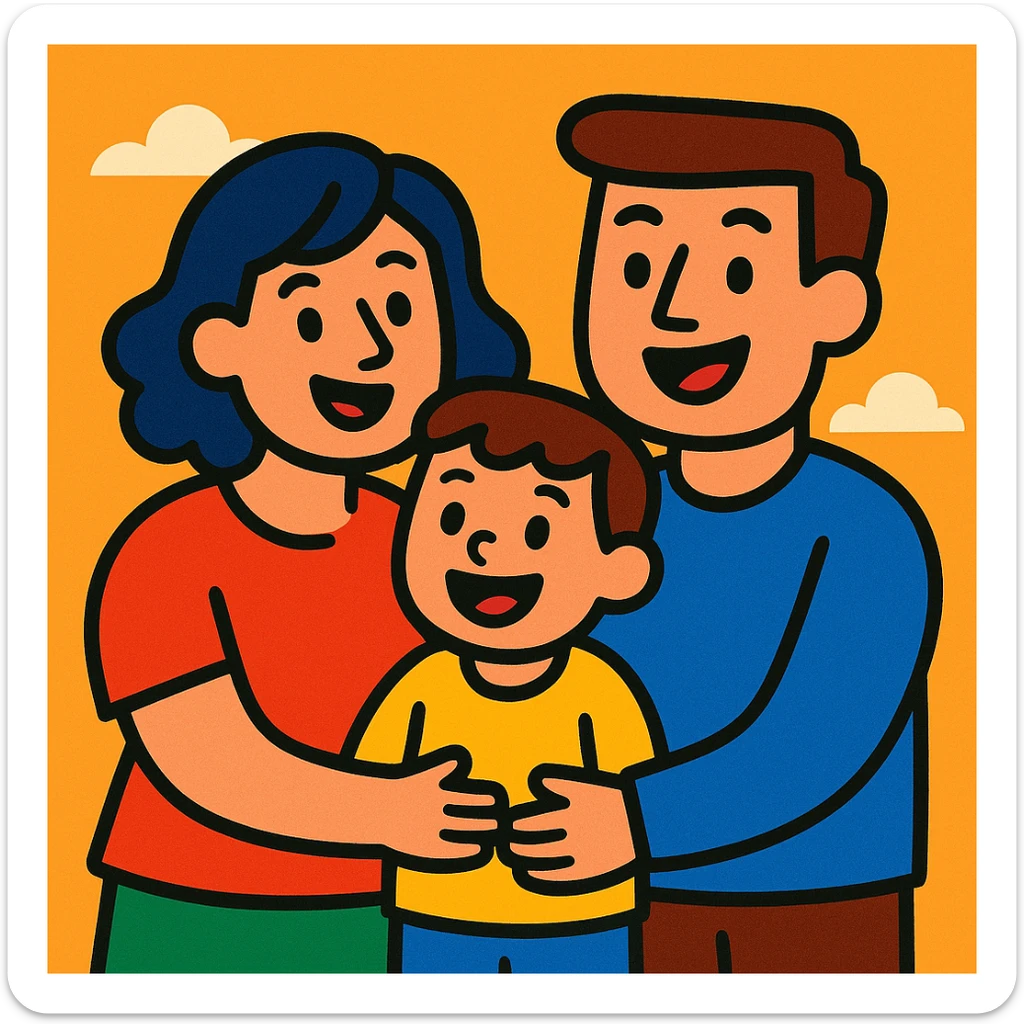 cartoon style small family, two parents and one child, cheerful, simple background sticker