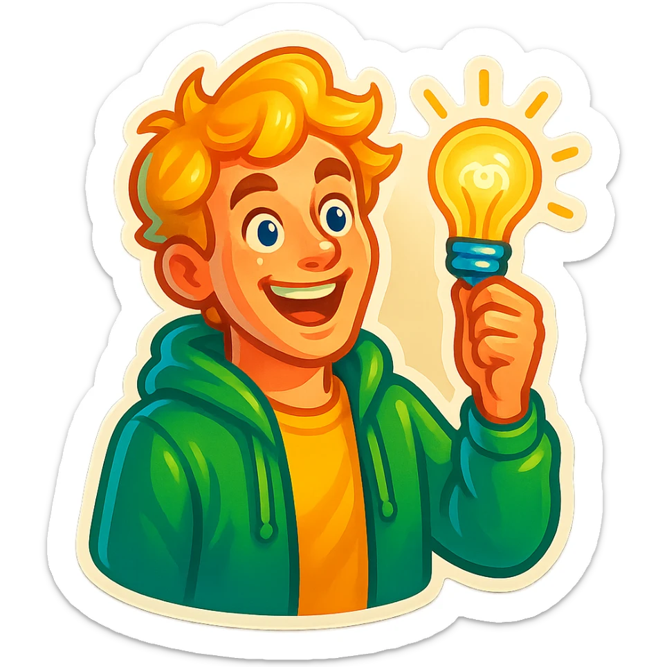 bright and expressive male visionary, fair skin, tousled golden hair, wide joyful eyes, wearing a green hoodie over a yellow tee, one hand raised with a glowing lightbulb, waist-up, front-facing sticker