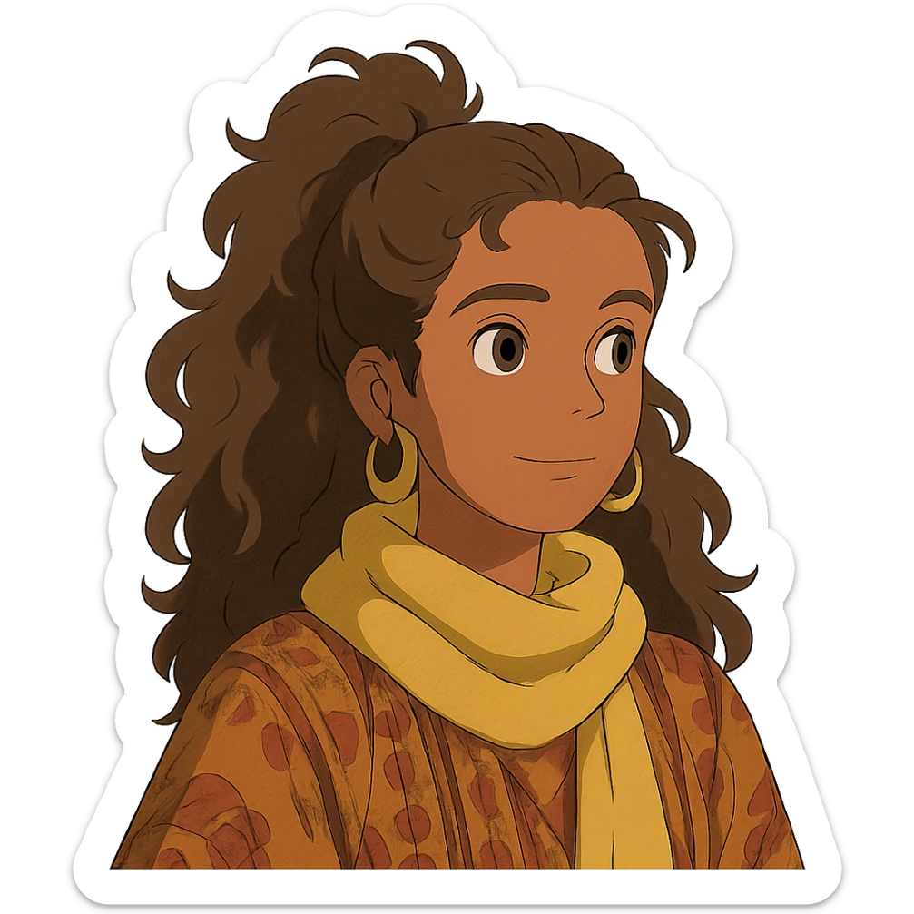 bohemian style girl with brown skin, long brown curly hair tied high, wearing a lemon yellow scarf and round earrings sticker