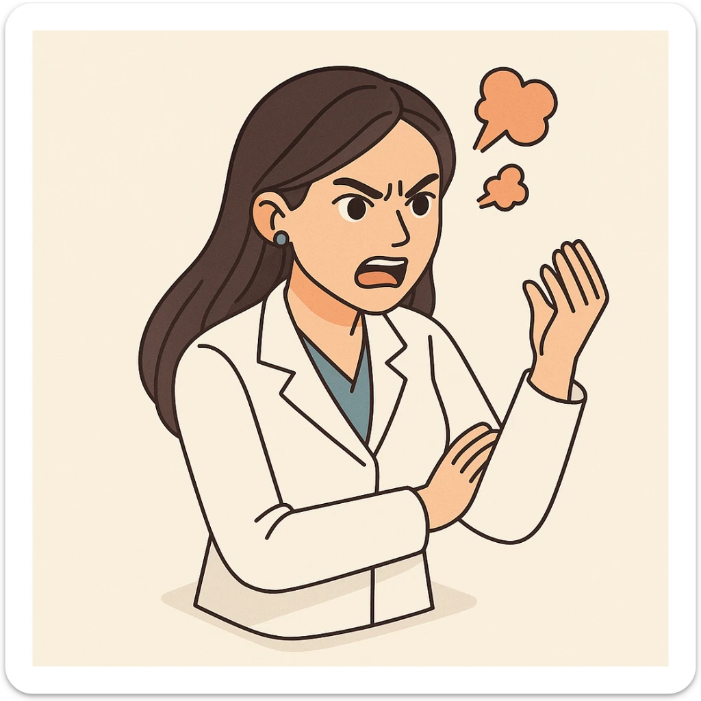 A 2D isometric style illustration of a female doctor with dark long straight hair and detailed brown eyes (not just dots), wearing a white coat, on a minimalist background. She is angry, with expressive pose and emotion, matching the appearance of the second previous variant. sticker