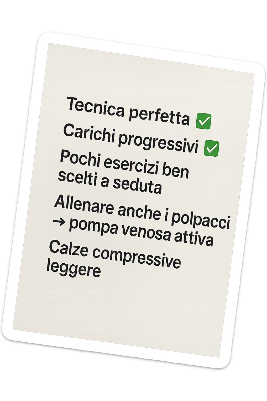FOGLIO DI CARTA PER L'ALLENAMENTO IN PALESTRA CON LA SCRITTA "Tecnica perfetta
 ✅ Carichi progressivi
 ✅ Pochi esercizi ben scelti a seduta
 ✅ Allenare anche i polpacci → pompa venosa attiva
 ✅ Calze compressive leggere" , IPERREALISTICA 4K sticker