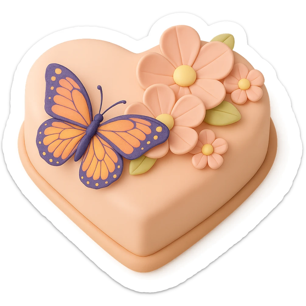 Add a colorful butterfly to the heart-shaped fondant cake with pink flowers, fondant cake art style, keep transparent background. sticker