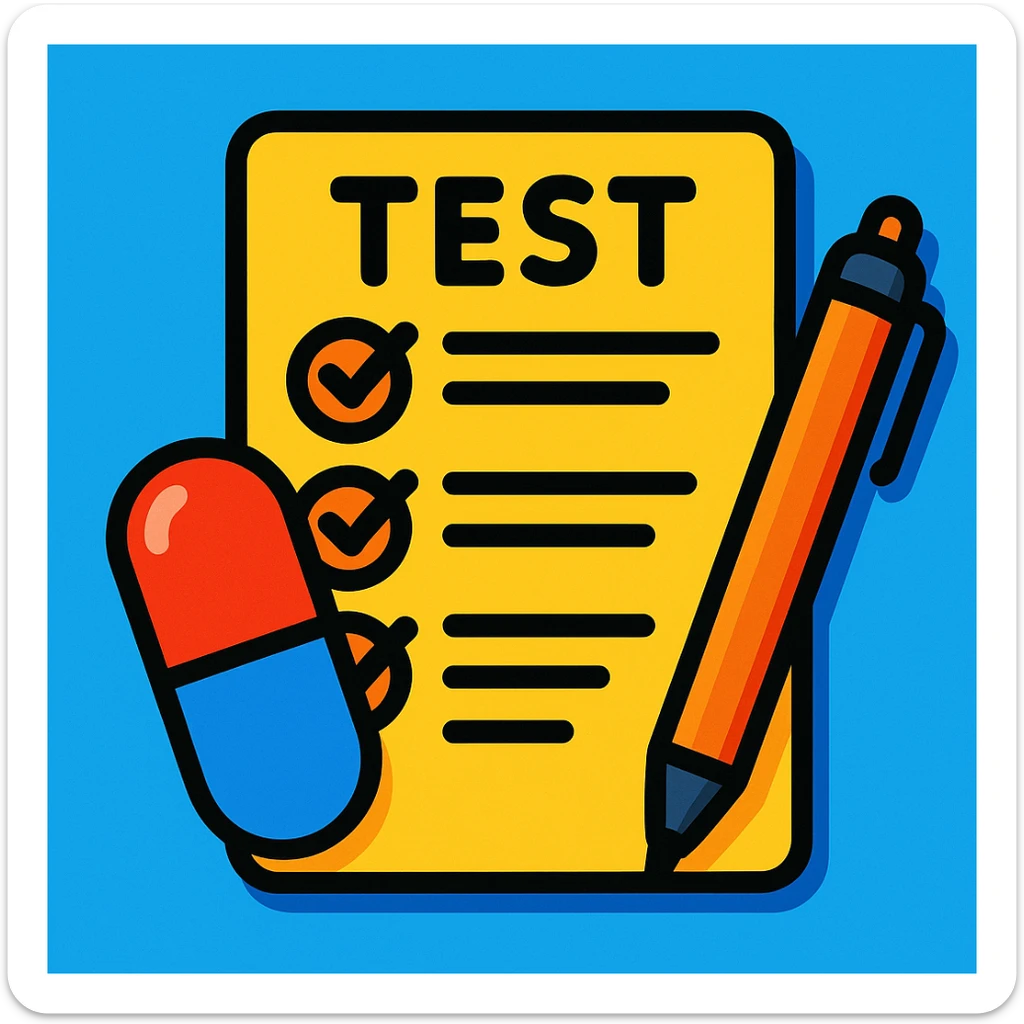 icon of a test paper with a pill and pen, cartoon style sticker