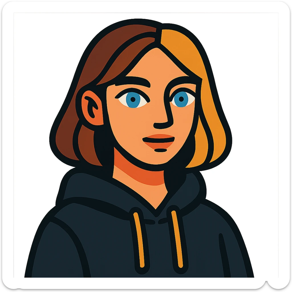 designer girl with blue eyes, brown and blonde hair to shoulders, black hoodie sticker