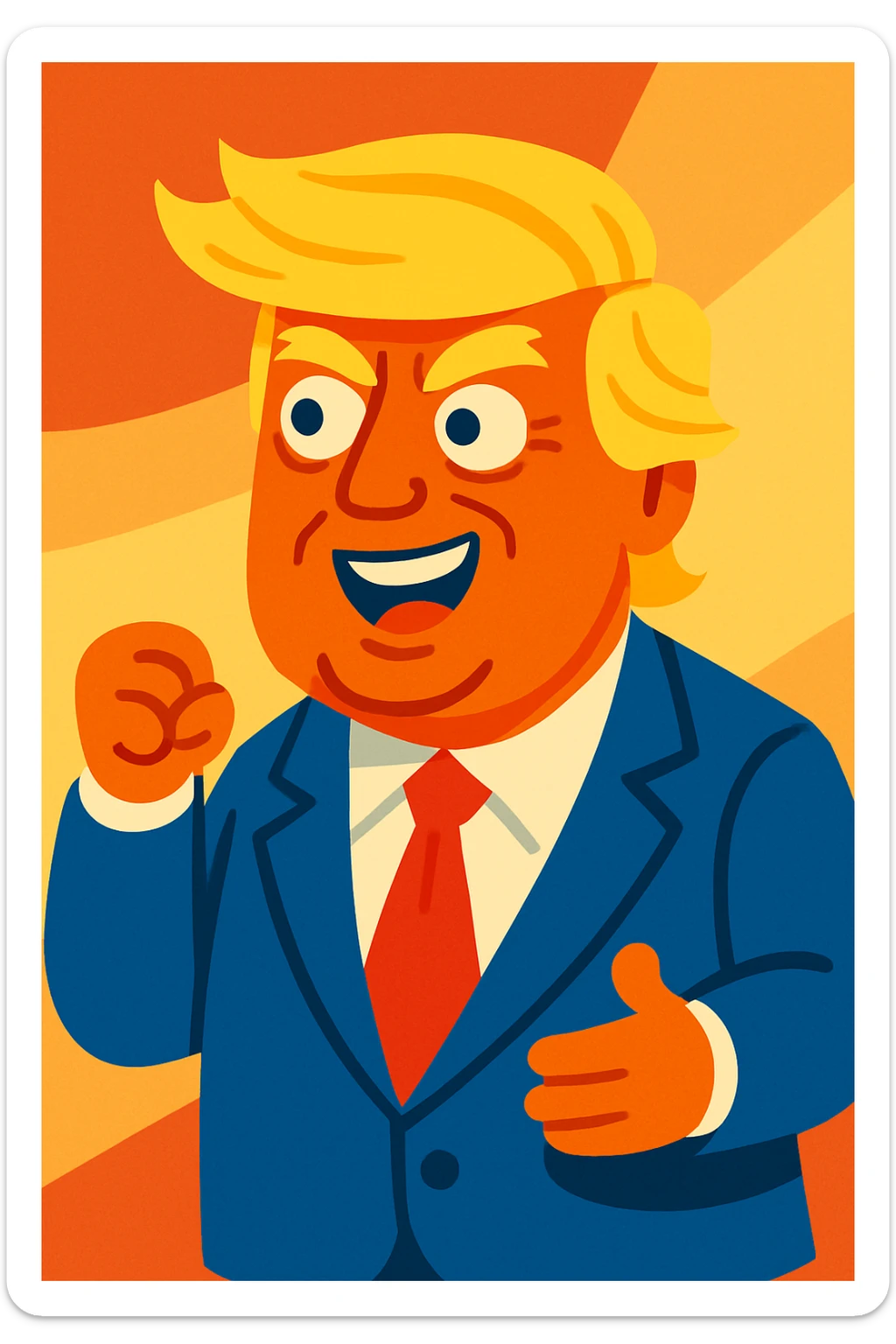 Donald Trump in a playful cartoon style, orange-tinted skin, signature blond hair, blue suit, red tie, expressive face, no text sticker