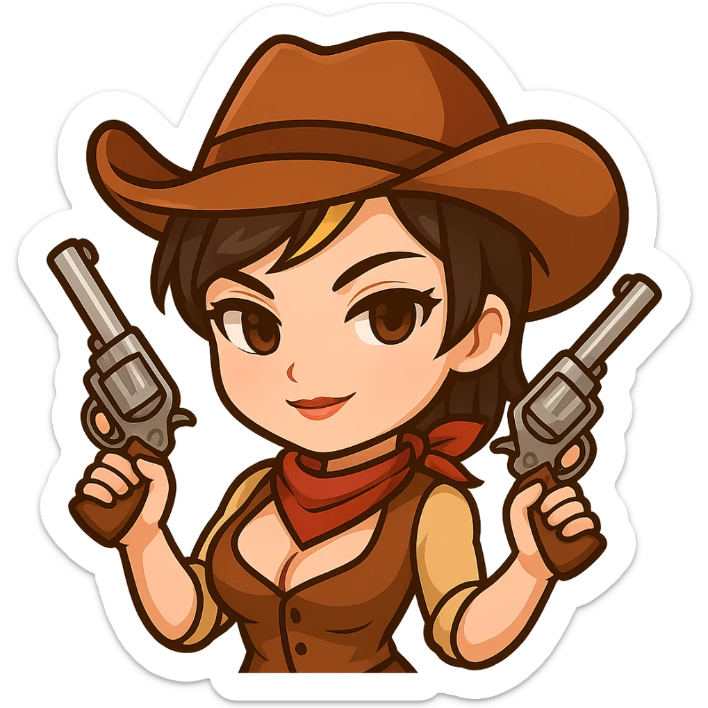 Transform the chibi cowgirl into a sexy girl while keeping the short hair, cowboy hat, and western outfit. Give her a more confident, alluring pose and expression with mature and feminine features, maintaining the chibi/anime style. She should be holding two guns, one in each hand. The background should be transparent, sized for Twitch or Discord use. sticker