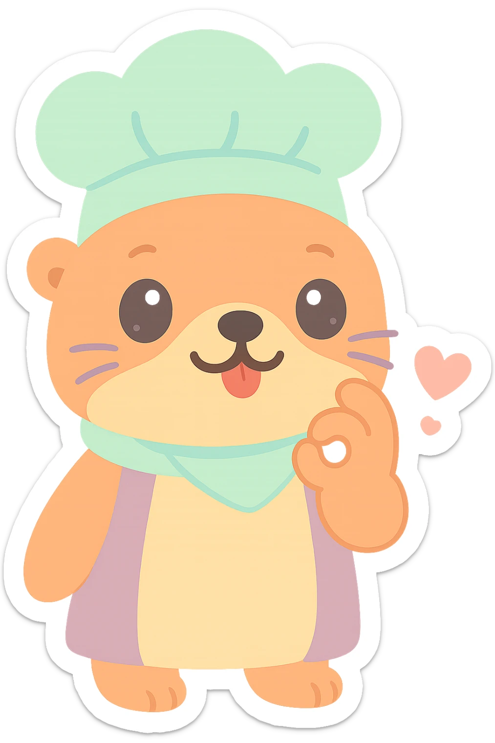Move the otter's hand so it is almost touching its mouth in the chef's kiss gesture, keep the red heart, kawaii style with transparent background. sticker