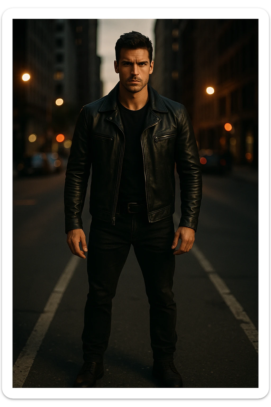 A confident, strong man standing in the middle of a city street at dusk, wearing a black leather jacket and boots, sharp jawline, intense gaze. Radiating masculine energy. Cinematic lighting, moody urban background, dramatic shadows, shallow depth of field. 35mm film style sticker
