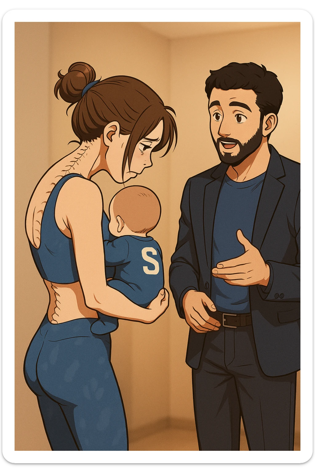 ispirati a questo stile di disegno e fai questa immagine in versione manga/webtoon a colori, il manga mostra la donna preoccupata di profilo con la postura sbagliata e incurvata, spalle chiuse e curve in avanti, con un neonato in braccio con una tutina azzurra e la scritta "S" sulla schiena, spina dorsale storta della donna in evidenza mentre ascolta l'uomo mentre l'uomo gli sta spiegando una cosa, ma non fare i fumetti, fai come se stessero parlando sticker