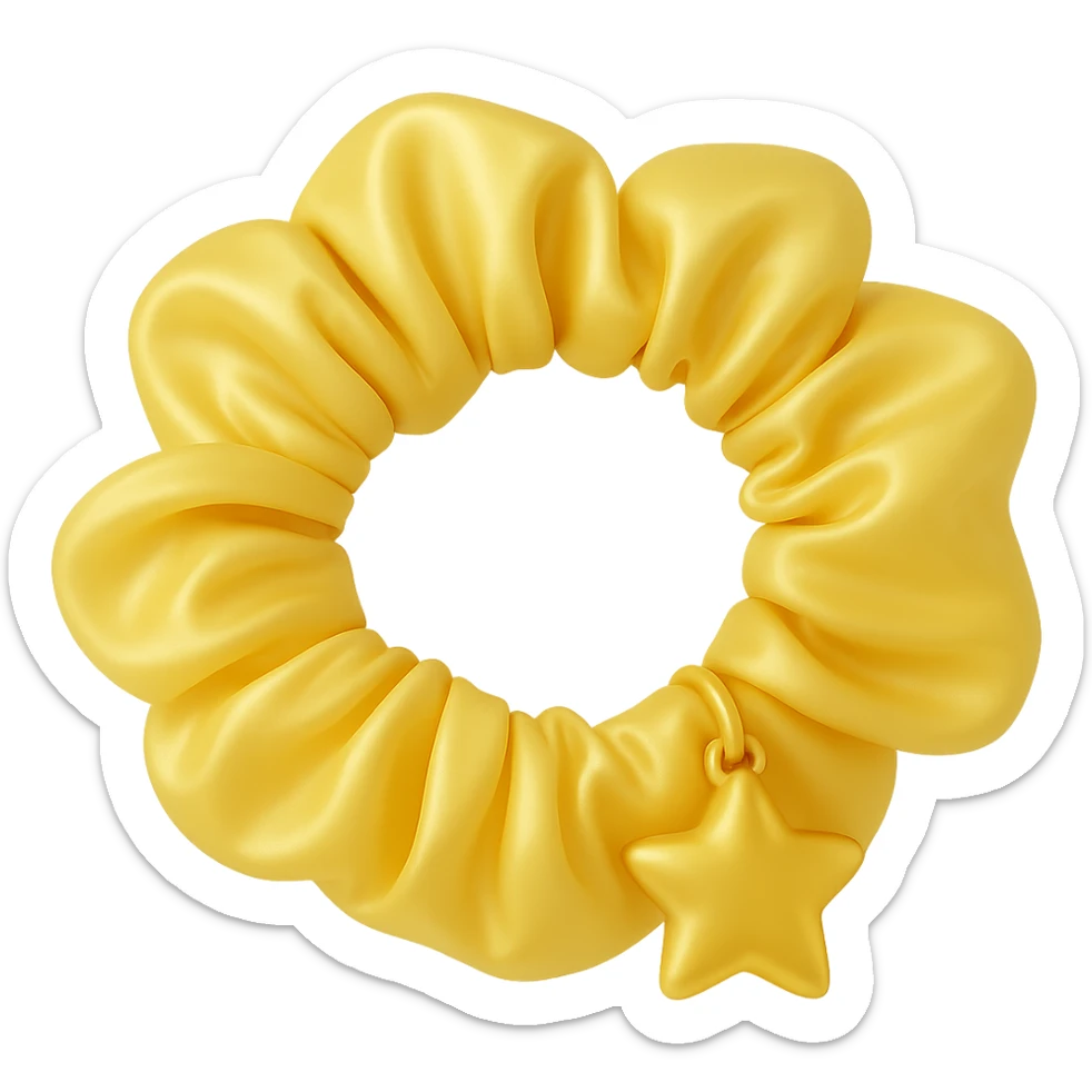 Change the gold heart charm to a gold star charm on the pastel yellow silky scrunchie, keep the 3D emoji style and shimmer effect. Remove the background. The style is 3D emoji style with shimmer effect. sticker