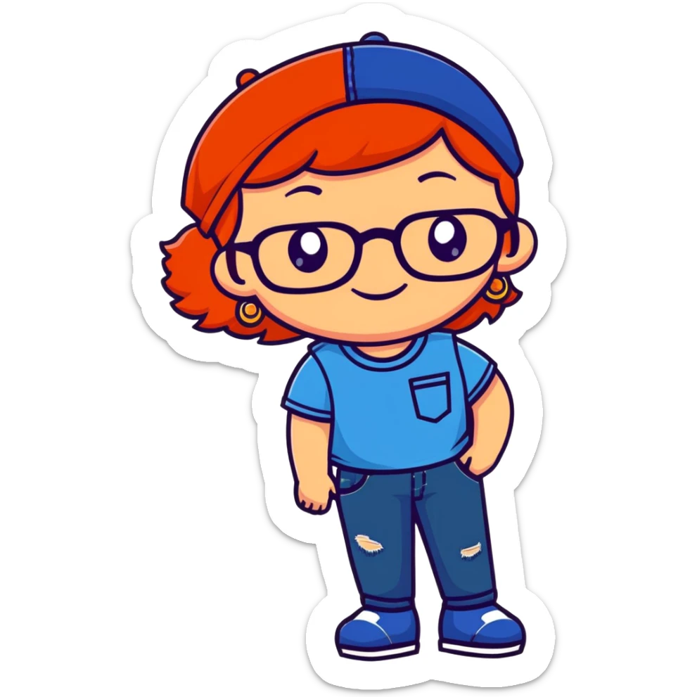 Young person with red hair, glasses, earrings and a wonderful smile, wearing blue clothes, jeans and a cap sticker