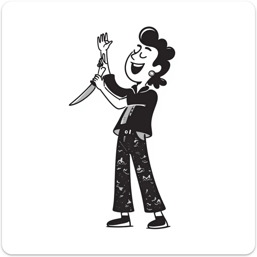 hand-drawn sketch of a savage person in 1988 outfit with mullet hair, acid wash jeans, holding knife, laughing crazily sticker