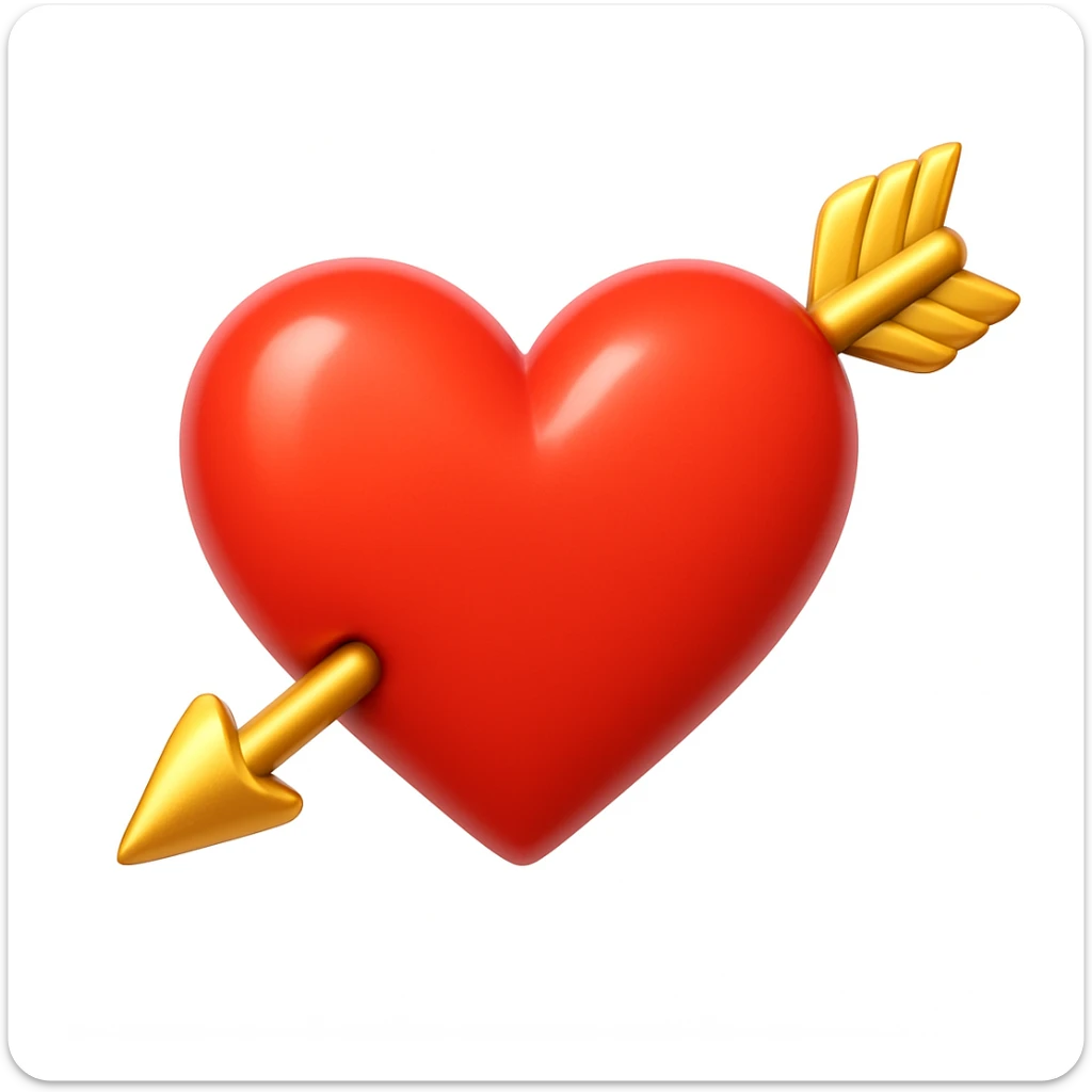 A 3D emoji in iOS emoji aesthetic style of a red heart pierced by a golden arrow, symbolizing love and romance, glossy and smooth surface, bright and cheerful lighting, clean white background sticker