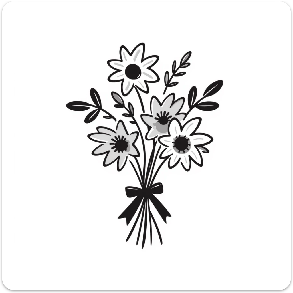 A beautiful bouquet of mixed flowers with ribbon in pastel colors (dd9fb0, ffc6d3, a3bfc9, c4bee2, f1b091), hand-drawn doodle style sticker