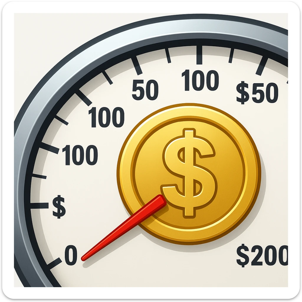 Show only half of the speedometer, and make the dollar coin in the center much bigger, keep classic apple emoji style sticker