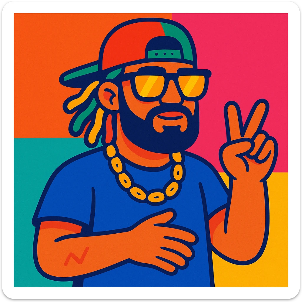 hombre reggaetoonero con barba, lentes grandes, actitud relajada sticker