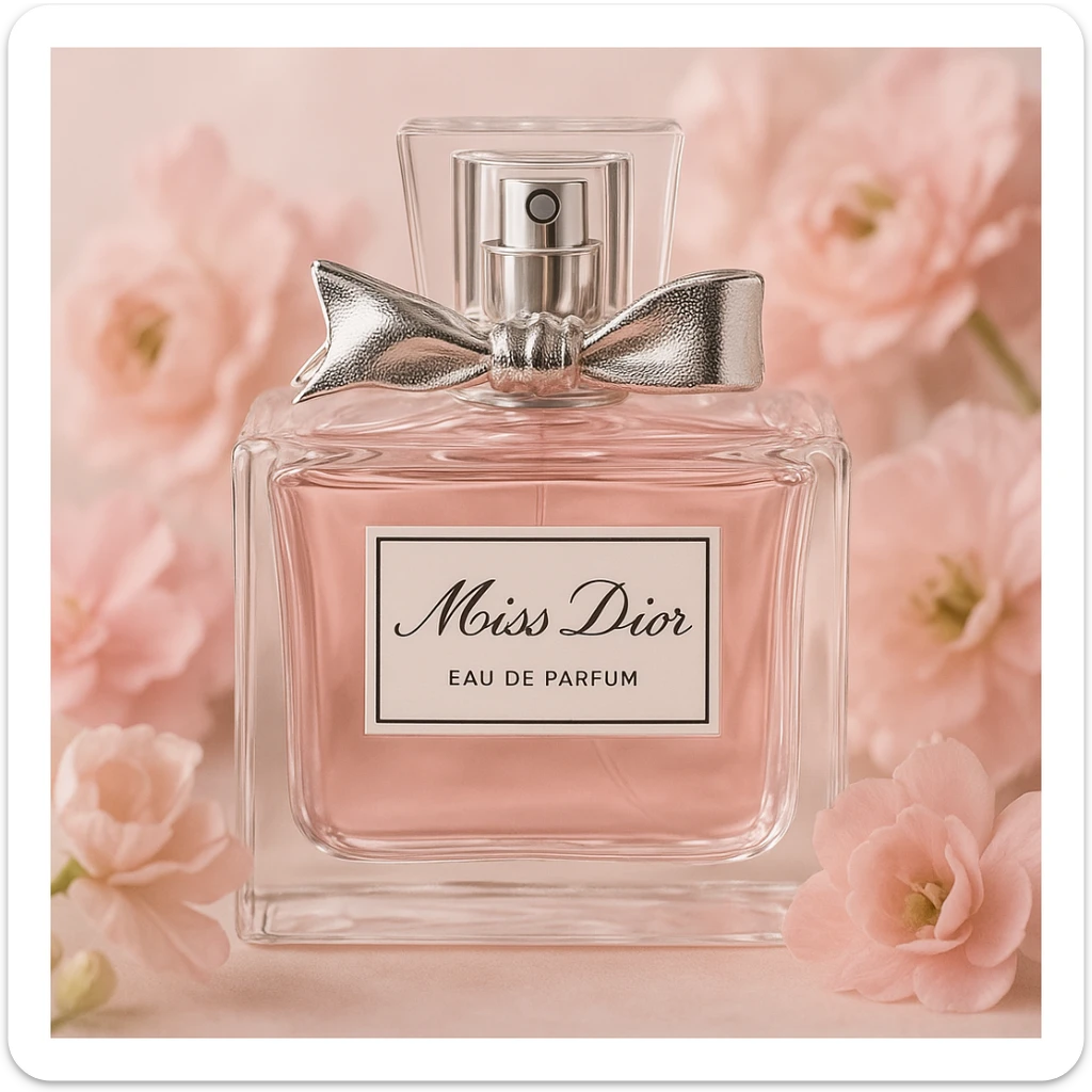 Miss Dior perfume bottle, elegant, floral, feminine, soft pink, realistic style sticker