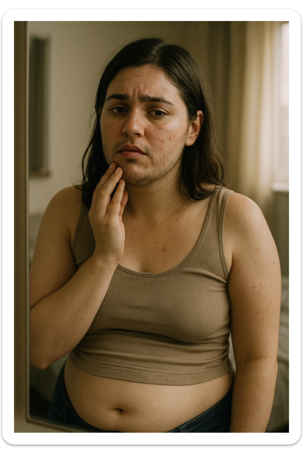 A realistic, cinematic portrait of a young woman in her late 20s standing in front of a mirror, visibly concerned while touching her chin and jawline where small dark facial hairs are noticeable, indicating hirsutism. Her skin appears oily, with a few cystic acne spots on her cheeks and jaw, and her dark hair is slightly greasy, indicating increased sebum production due to androgen excess. Her body shows mild abdominal bloating, and she looks at herself with a mix of frustration and sadness, capturing the emotional struggle linked to PCOS. The scene is set in a softly lit bedroom or bathroom with neutral daylight, with a clear mirror reflection to emphasize self-observation and discomfort. Style: realistic 35mm cinematic look, soft focus on her face and hair details, warm tones to keep it human and relatable sticker