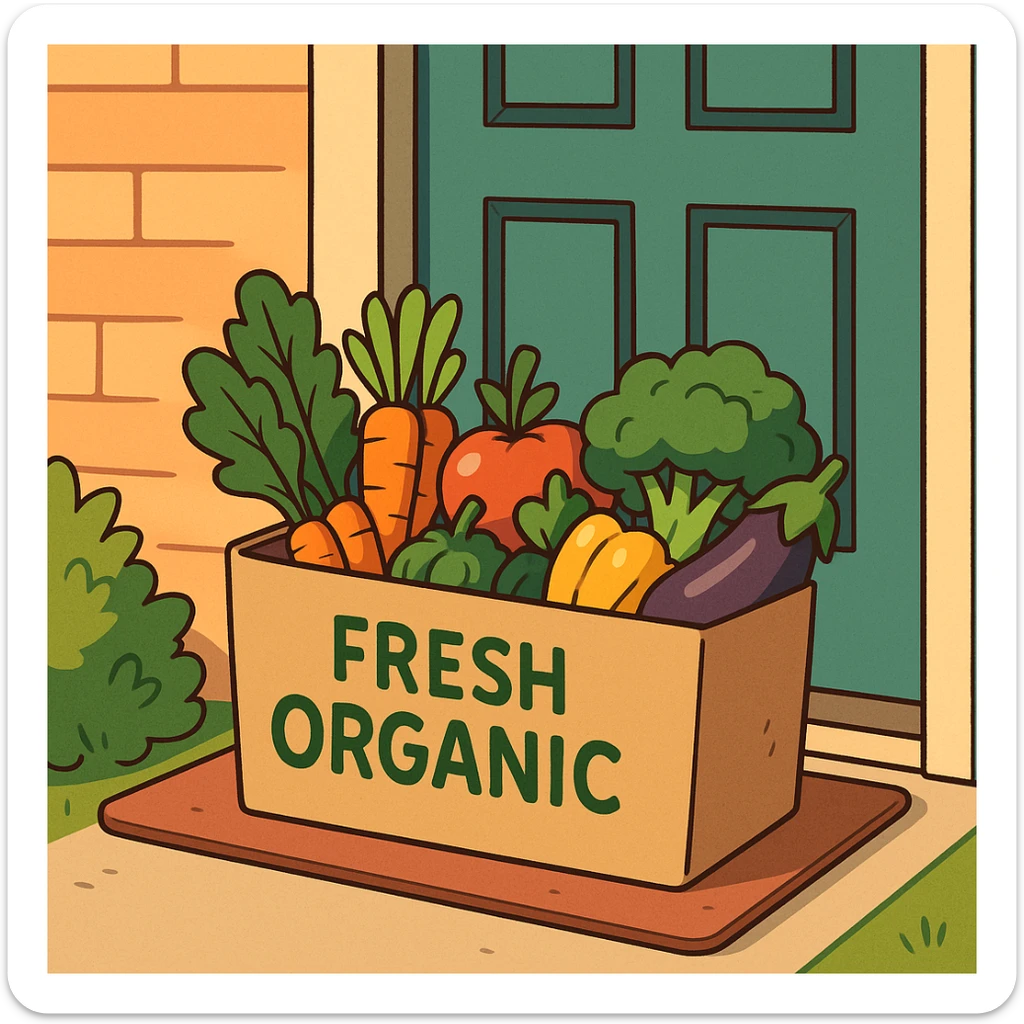 flat toon style illustration of a box of fresh organic products at the door of a house, vibrant colors sticker