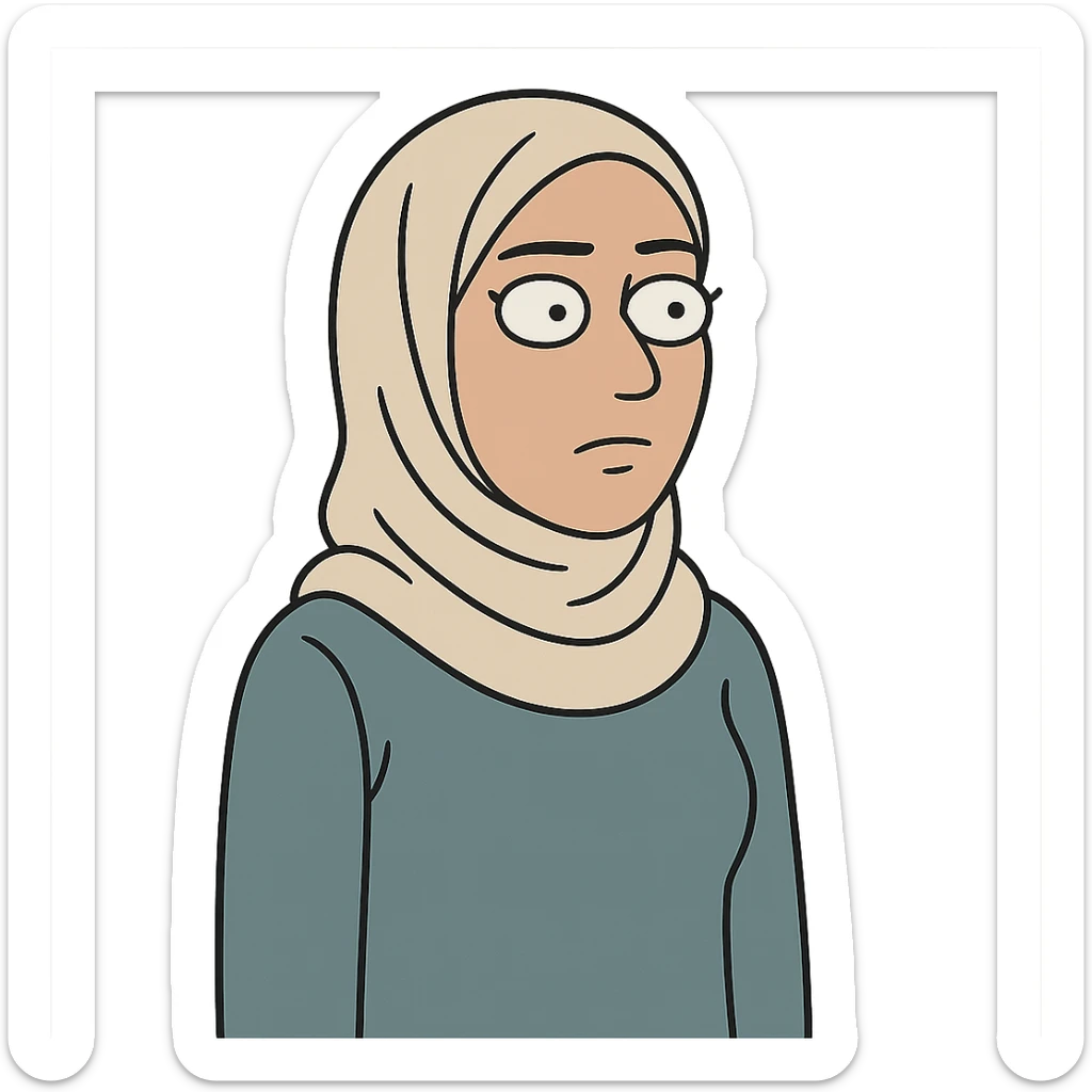 hijabi woman with medium fair skin, neutral expression, cartoon style sticker