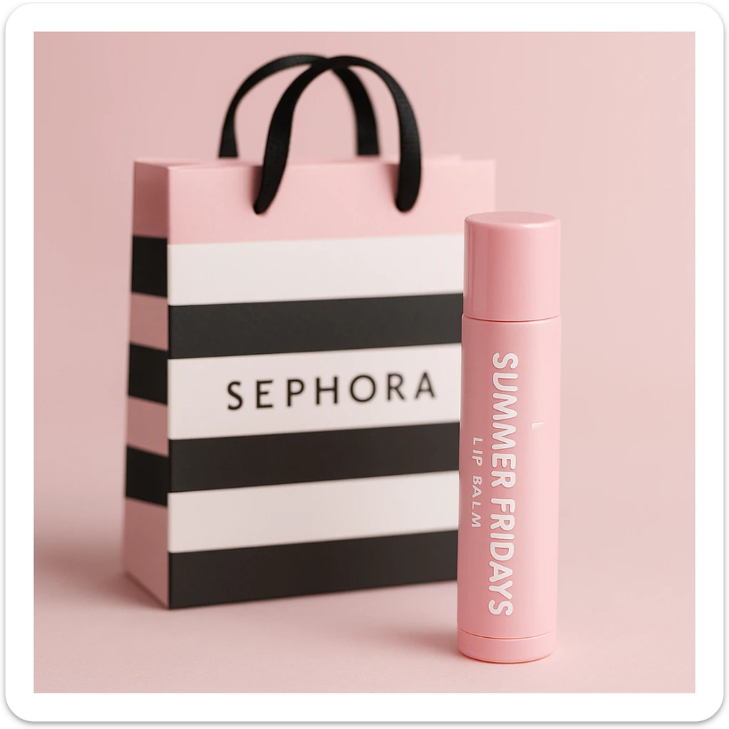 A pink preppy lip balm with a cute Summer Fridays logo, styled as a trendy product from Sephora, with a Sephora shopping bag in the background, soft pastel colors, girly and chic vibe sticker