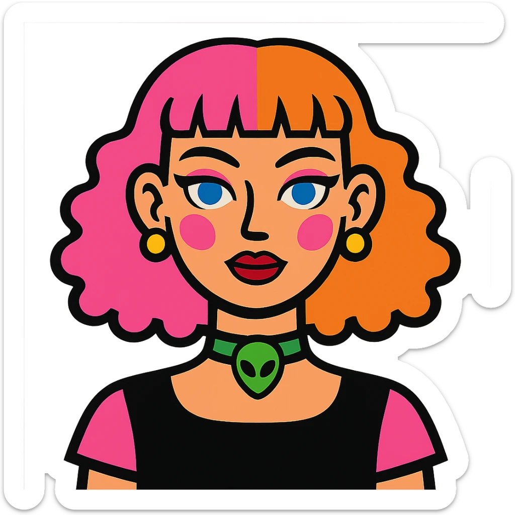 girl with blue eyes, pink makeup, narrow eyebrows, earrings, green alien head choker, black and pink blouse, curly hair to shoulders, hair half hot pink and half ginger, short straight baby bangs sticker