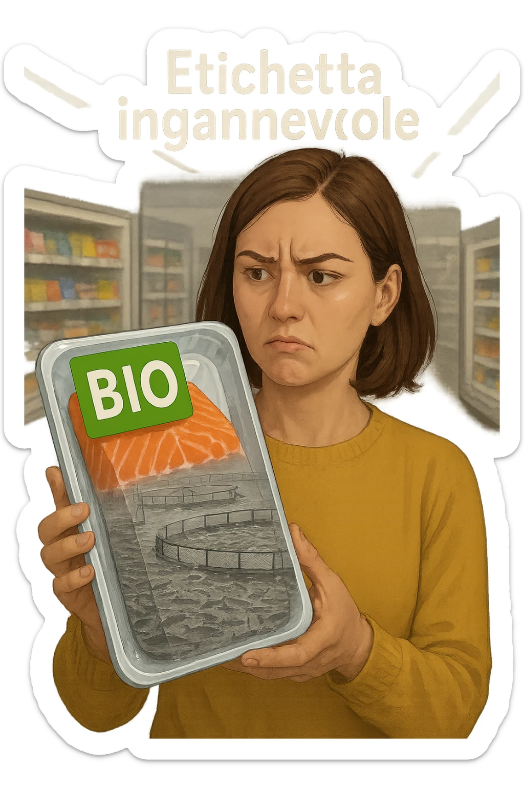 Scena in un supermercato moderno: uomo o donna tiene in mano una confezione di salmone etichettata 'BIO', con un grande bollino verde. Ma in trasparenza, dietro l’etichetta, si intravede un allevamento intensivo di salmoni in gabbie marine, acqua torbida e pesci ammassati. Espressione del cliente confusa e sospettosa. Sopra la testa, testo simbolico fluttuante: 'Etichetta ingannevole'. Colori contrastanti: confezione brillante ma realtà di fondo grigia e artificiale. Stile realistico con elementi simbolici forti realistico sticker