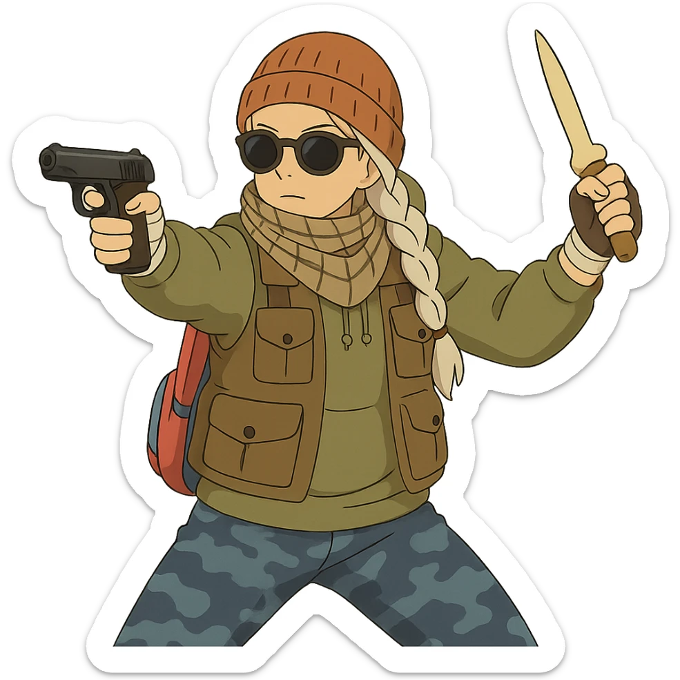 1 female, long white braid, knit cap, dark sunglasses, shemegh neckwrap, fishing vest, vibrant shool backpack, drab hoodie, handwraps, blue camo pants, makarov in 1 hand, bone shiv up and fighting backhand in the other hand sticker