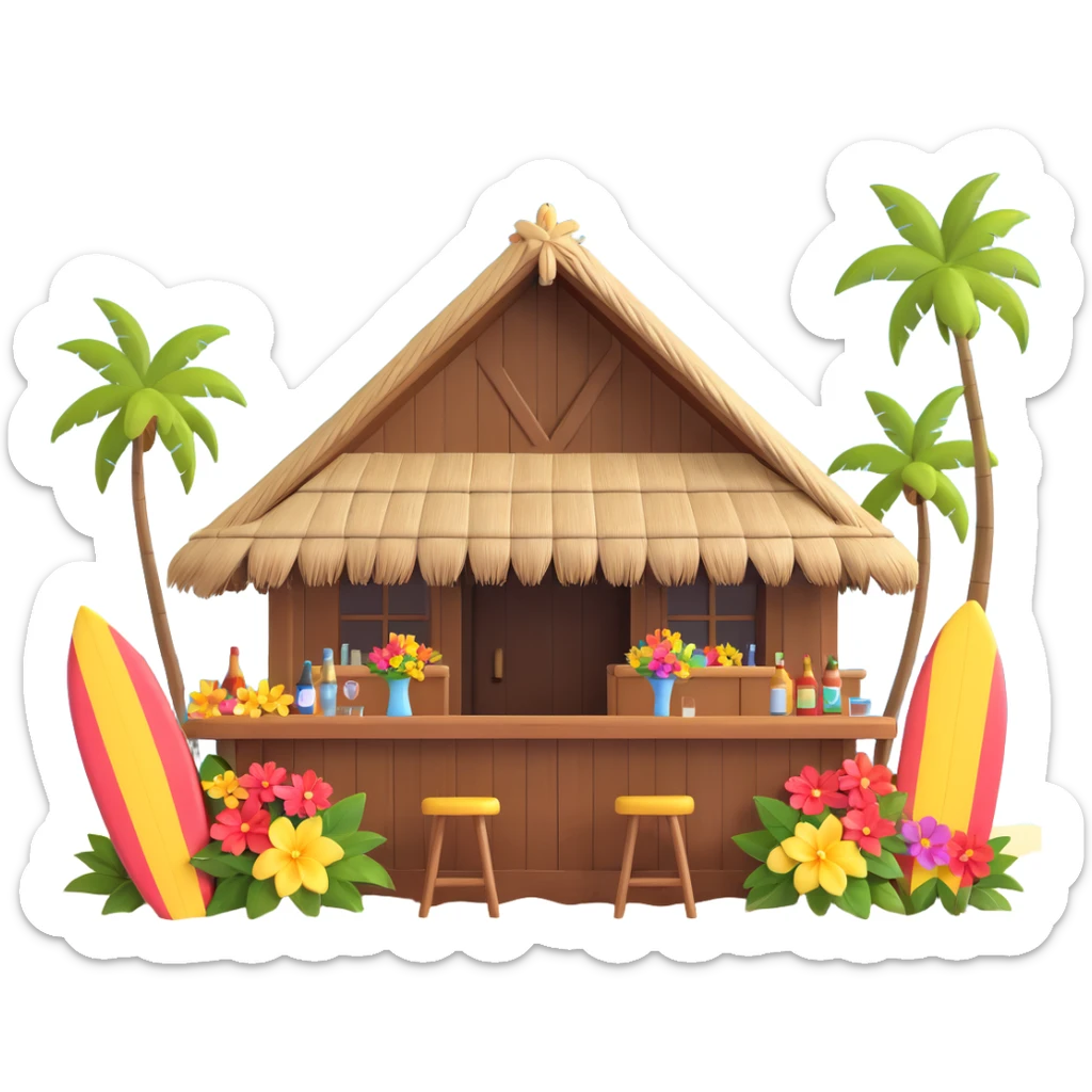 emoji of a beachside bar in Hawaii, surfboards, flowers, thatched roof sticker