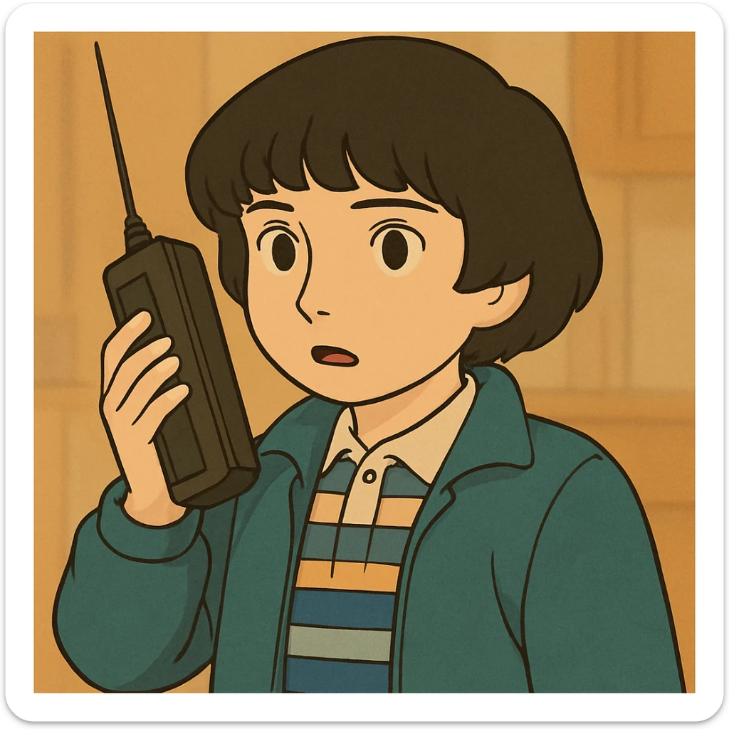 Mike Wheeler with a well-defined bowl haircut, wearing iconic first season clothes (blue striped shirt and jacket), simple and delicate line art, colored in pastel tones, with thick and dark outlines, in Ghibli style, 1:1 format. sticker