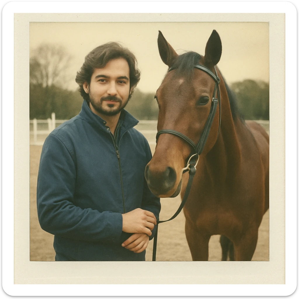 Transform the person in the image into a polaroid-style photo. The person is standing next to a horse on a horse course, wearing a blue jacket. The image should have a classic polaroid white frame and a slightly vintage, faded photo effect. sticker