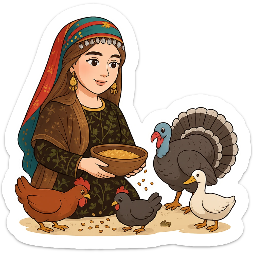Kurdish cartoon sticker of the same woman in the new dress, feeding chickens, rooster, turkey, or duck, holding a bowl of grain, surrounded by birds, no text, transparent background sticker