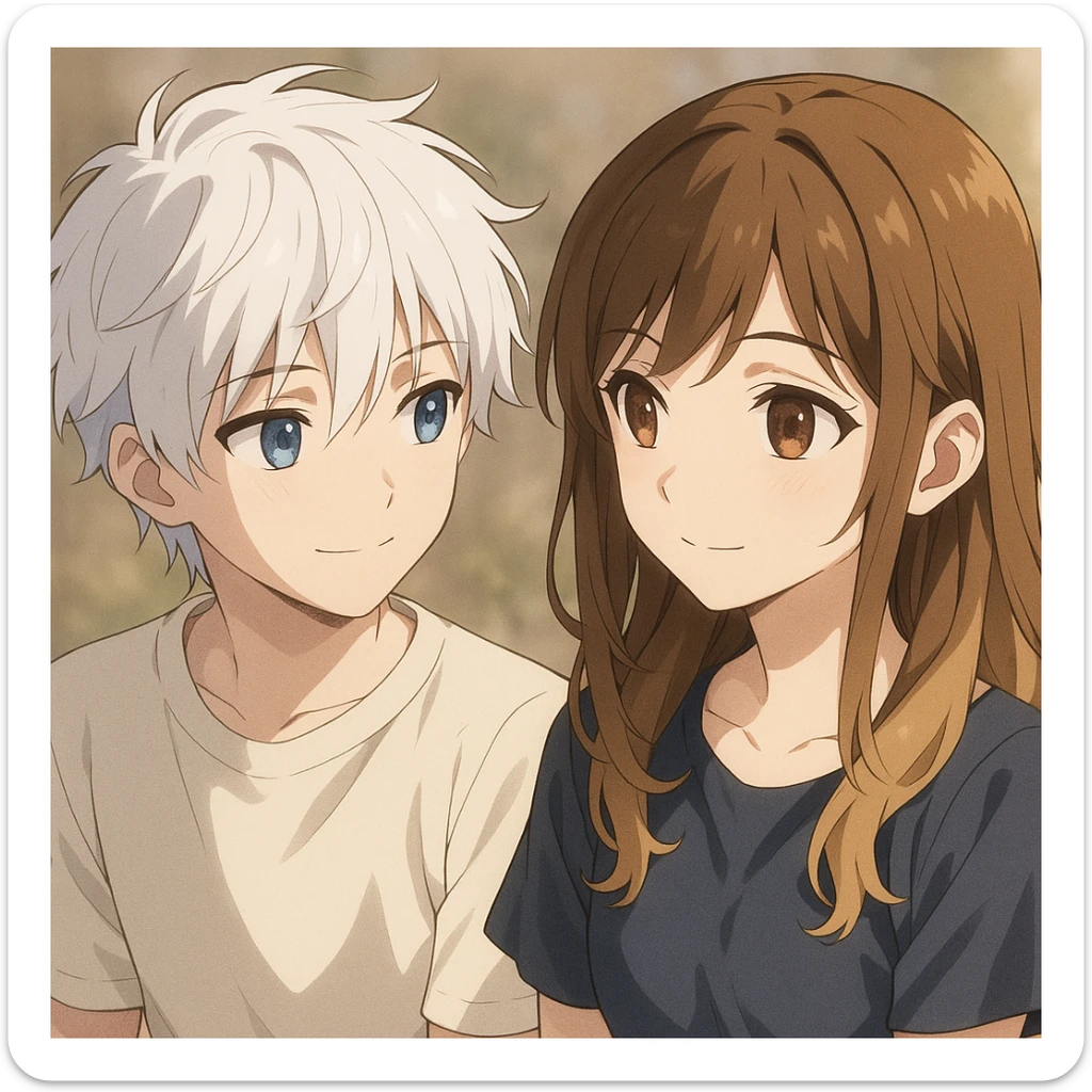 anime style, a white-haired, blue-eyed boy admiring a brunette-blonde girl with brown eyes, both with gentle expressions sticker