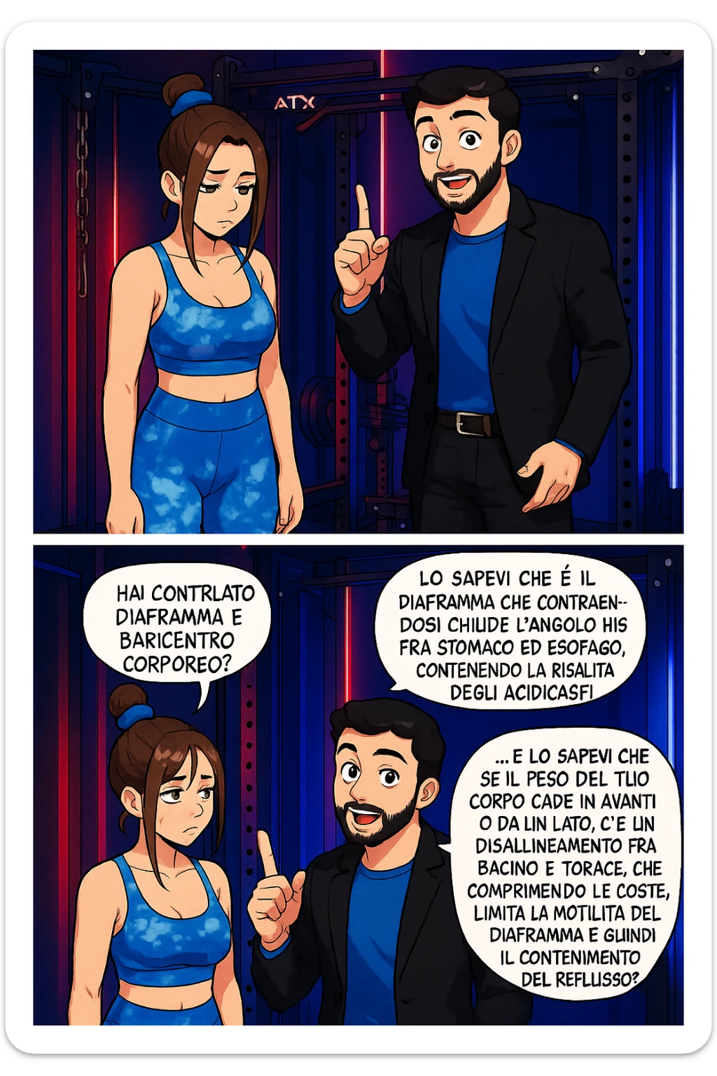 TRASFORMA QUESTO CAROSELLO IN UN FUMETTO STILE WEBTOON/MANGA A COLORI CON QUESTE DUE PERSONE IDENTICHE CHE INTERLOQUISCONO TRA LORO, L'uomo sta spiegando alla donna questo concetto:

LUI (UOMO): Hai controllato diaframma e baricentro corporeo?
LUI (UOMO): Lo sapevi che è il diaframma che contraendosi chiude l’angolo his fra stomaco ed esofago, contenendo la risalita degli acidi grassi?
LUI (UOMO): …e lo sapevi che se il peso del tuo corpo cade in avanti o da un lato, c’è un disallineamento fra bacino e torace, che comprimendo le coste, limita la motilità del diaframma e quindi il contenimento del reflusso? sticker