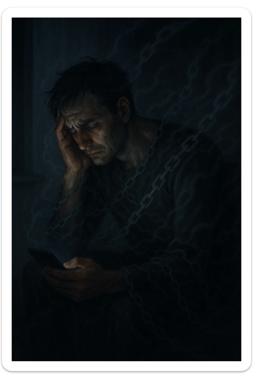 a man sits alone in a dimly lit room at night, illuminated only by the glow of a computer or phone screen. His posture is slouched, and his expression is tired and troubled. Around him, faint, ghostly chains or shadows subtly wrap around his body, symbolizing addiction and emotional distress. The background is blurred, emphasizing isolation and discomfort. in italiano sticker