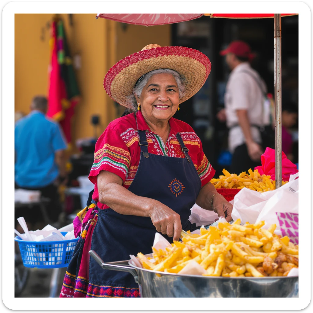 professional photography of an old Mexican lady pushing a food cart, warm and friendly expression, traditional dress, vibrant colors, street vendor, detailed, no text sticker