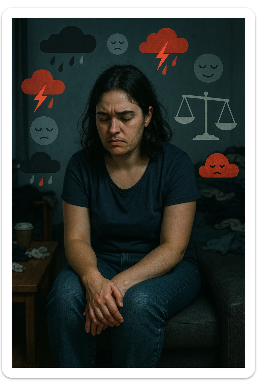 Donna tra i 25 e i 35 anni seduta da sola in una stanza, con lo sguardo basso e un’espressione di frustrazione e stanchezza. Sul volto si notano peli visibili sul mento e sopra il labbro, simbolo di irsutismo. Intorno a lei, l’ambiente appare disordinato, con luci fredde e atmosfera pesante. In trasparenza, simboli stilizzati di sbalzi d’umore (nuvole scure e rosse alternate a simboli di calma), e una bilancia emotiva sbilanciata. Le mani stringono le gambe, in gesto di disagio fisico ed emotivo. Colori cupi con accenti contrastanti. Stile realistico con elementi simbolici sticker