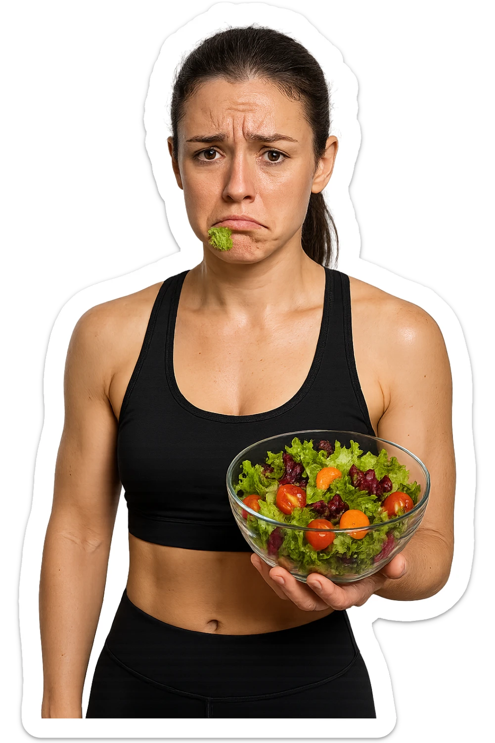 DONNA FITNESS CON INSALATA IN MANO MENTRE TIENE UNA FOGLIA DI INSALATA IN BOCCA CON ESPRESSIONE TRISTE, iperrealistico 4k, ISOLATA SU SFONDO BIANCO sticker