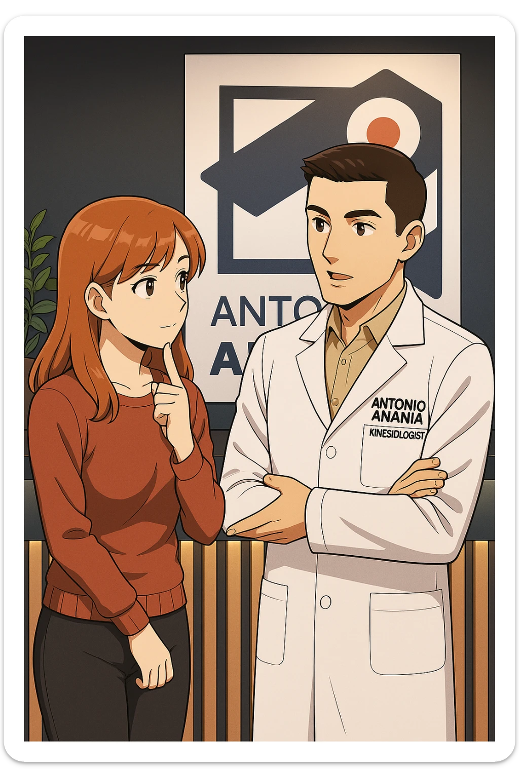 su questo stile fai un manga/webtoon a colori in cui una donna SI TOCCA IL MENTO CON L'INDICE MENTRE ASCOLTA PENSIEROSA L'UOMO, l'uomo della foto in stile manga LE SPIEGA CHE DEVE PROVARE LA SUA VALUTAZIONE MEDICA, mantieni un ambiente simile alla foto che ho allegato con il suo logo (sarebbe il suo studio, lui è un kinesiologo), scrivigli "ANTONIO ANANIA" sul camice bianco, non mettere fumetti, ma fai in modo che sembri che la donna ASCOLTI l'uomo sticker