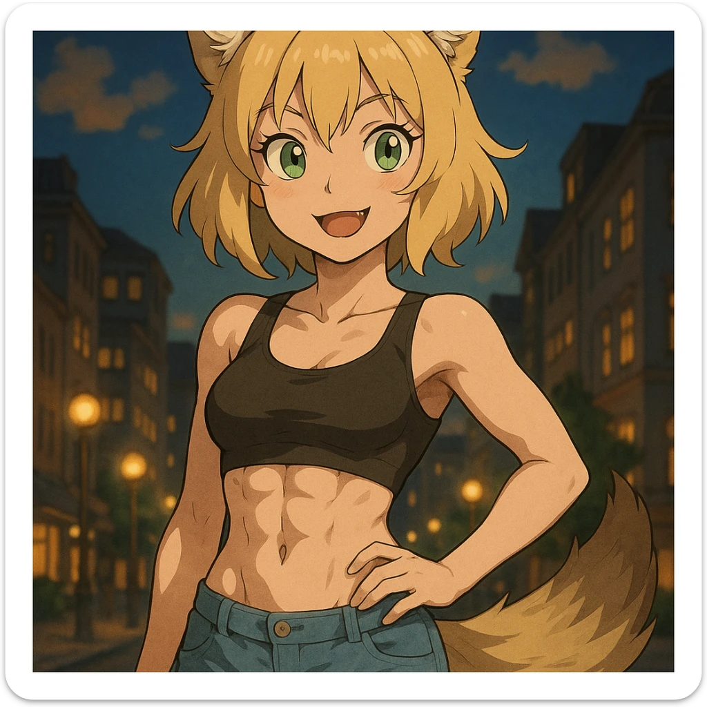 anime style furry girl with wolf ears and tail, short blonde hair, shining green eyes, hourglass figure, attractive abs, soft skin, evening city background, playful expression, ghibli style sticker