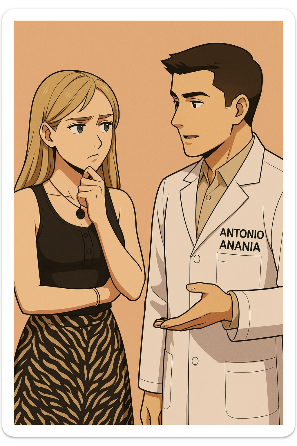 fai un webtoon/manga a colori con questo kinesiologo in camice bianco (fagli la scritta "ANTONIO ANANIA" SUL CAMICE) CHE PARLA CON QUESTA RAGAZZA CON GLI OCCHI AZZURRI. la ragazza HA UN DITO SUL MENTO MENTRE PENSIEROSA gli fa una domanda e IL KINESIOLOGO CON IL CAMICE BIANCO LE risponde. NON FARE I FUMETTI, FAI SOLO LORO COME SE DIALOGASSERO sticker