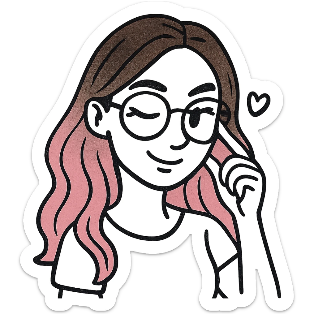 woman with gradient hair from dark to pink with glasses, brown roots, brown eyebrow, flirting, icon-black-outlined-hand-drawn style sticker