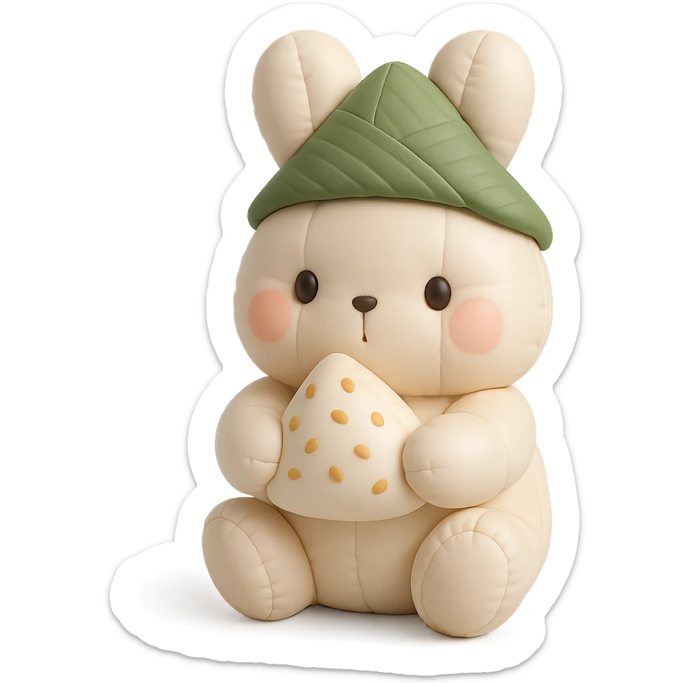 bunny wearing a green zongzi leaf hat, holding a sweet rice dumpling, soft colors sticker