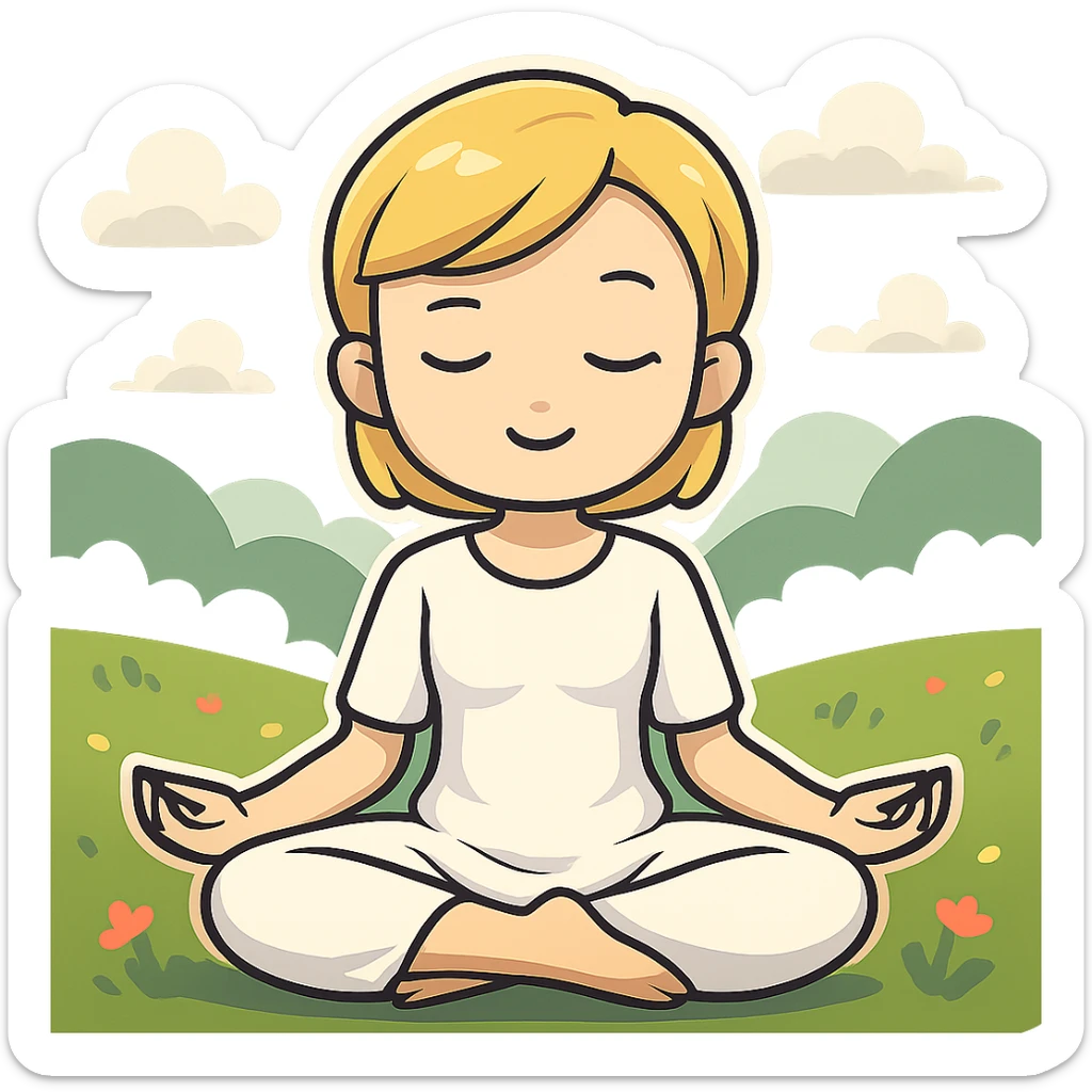 a blonde girl with a short haircut in a white dress sitting in a lotus position and meditating with a background, sticker style sticker